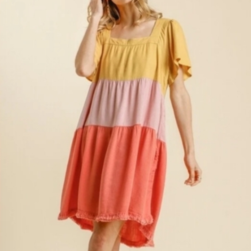 Umgee Linen Colorblock Flowy Dress